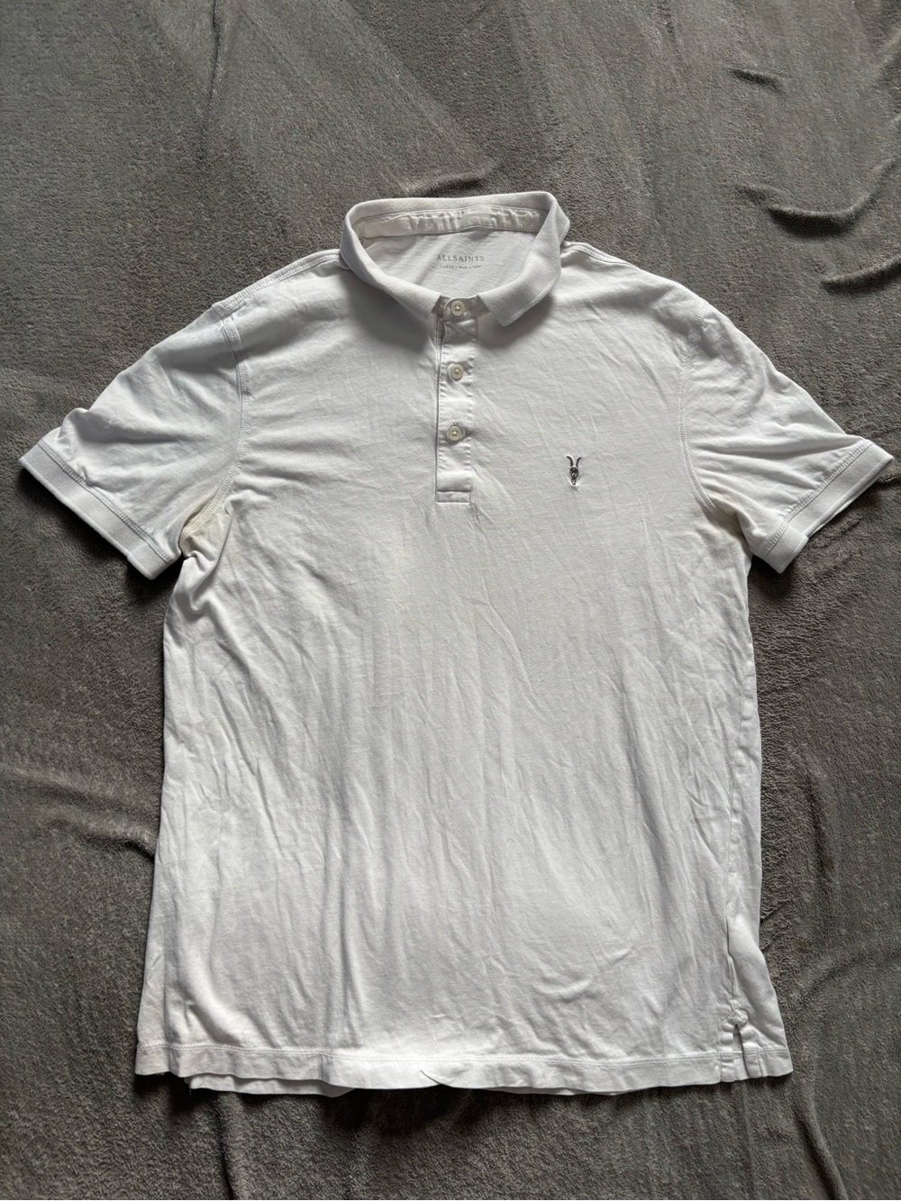 AllSaints Vidal Polo Shirt Mens Size Large White Cotton Short Sleeve Casual